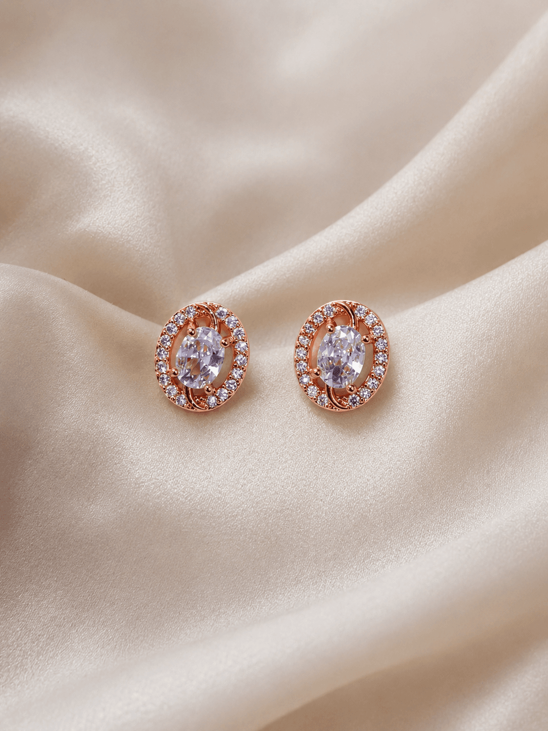 Rose Gold Crystal Halo Oval Stud Earrings for Women