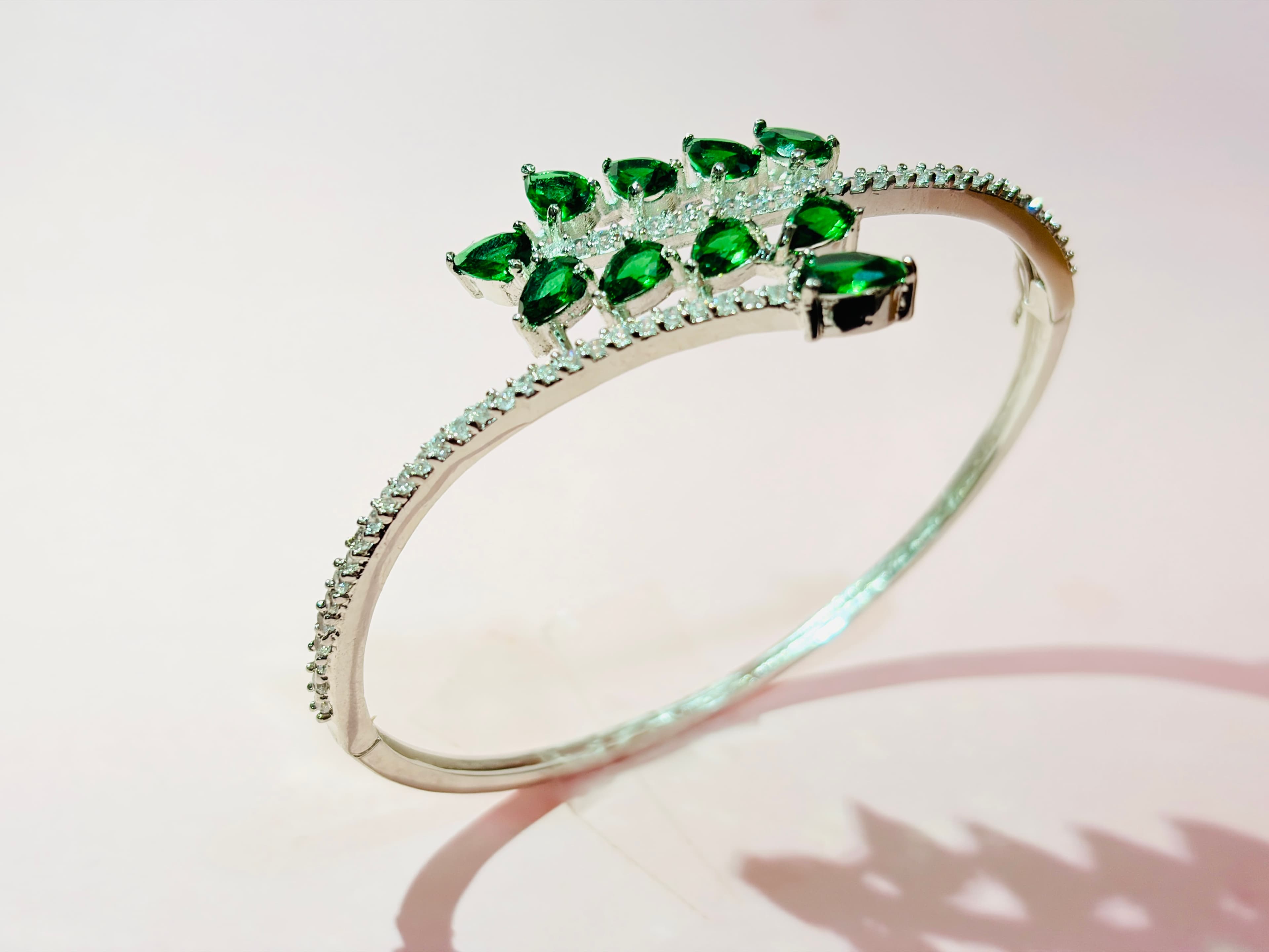 Emerald Green Stone Leaf American Diamond Rhodium Plated Bangle Bracelet for Women