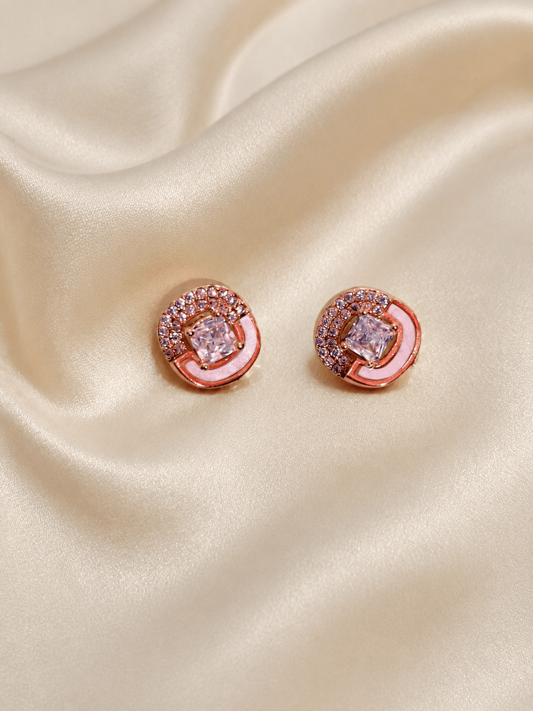 Rose Gold AD Square Crystal Stud Earrings for Women & Girls