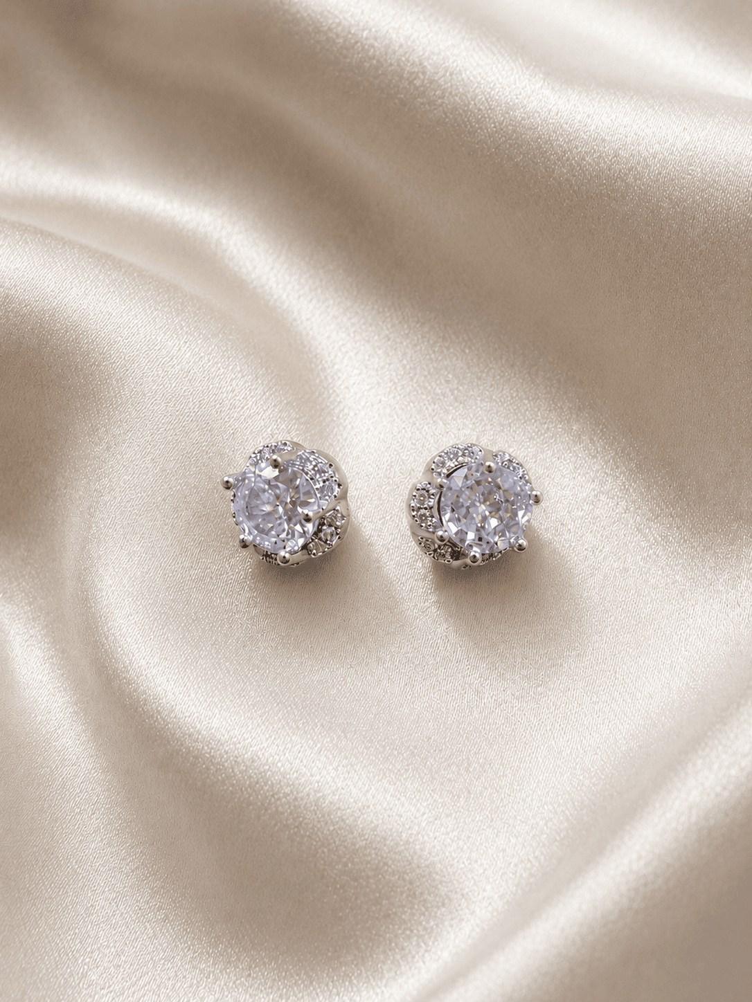 Silver-Plated American Diamond Floral Stud Earrings for Women